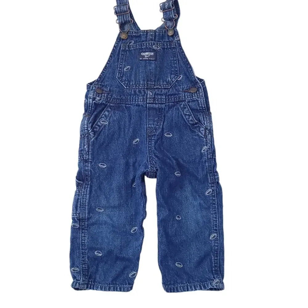 OshKosh Blue Jean Overalls Size 18 Months Football Embroidery Denim Baby